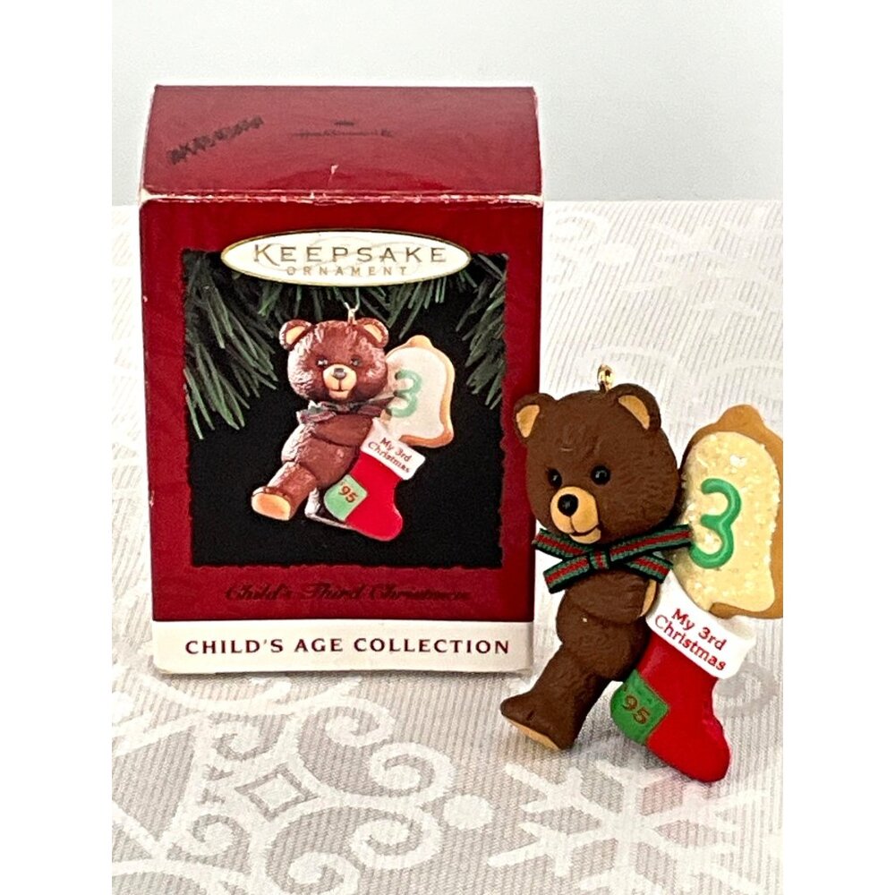 Childs Keepsake Ornament 1995 Hallmark Bear‎ With Stocking "My 3rd Christmas"